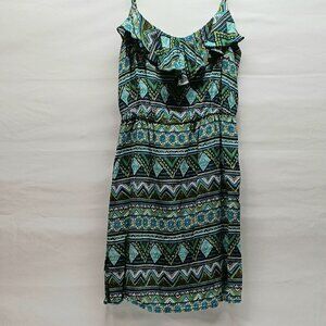 Apt 9 Green Tank Ruffle Neck Dress Women's Size PM Petite Medium Aztec Floral